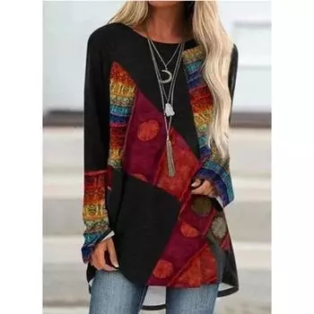 Женская футболка с длинным рукавом, трендовая одежда, топ с круглым вырезом и принтом в стиле пэчворк, свободная модная одежда, высококачественная женская футболка S