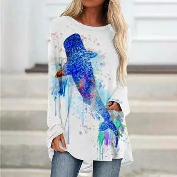 Женская футболка с длинным рукавом, уличная модная одежда, топ с принтом животных, повседневная футболка с круглым вырезом, свободная женская элегантная футболка S