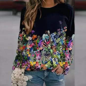 Женская футболка с длинным рукавом, универсальная толстовка с цветочным принтом и круглым вырезом, топ L серый