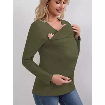 Женская футболка с длинным рукавом, V-образным вырезом, из чистого хлопка, утолщенная, многофункциональная футболка «мать-кенгуру» L армия зеленый