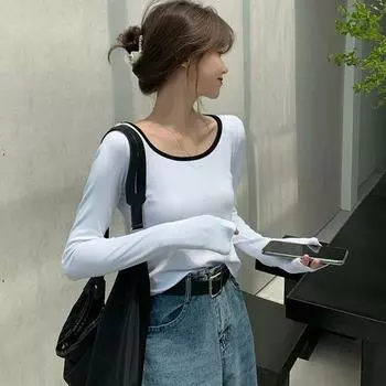 Женская футболка с длинным рукавом Весна Осень Однотонные тонкие повседневные футболки Женские пуловеры Базовые футболки Одежда Y2k Уличная одежда Белые топы M