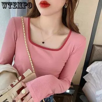 Женская футболка с длинным рукавом, весенне-осенняя блузка с тонким вязаным лоскутным топом с квадратным вырезом S розовый