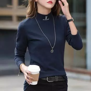 Женская футболка с длинным рукавом, весенняя хлопковая женская тонкая офисная футболка с полувысоким воротником, новые корейские женские топы Za, футболки XXXL синий