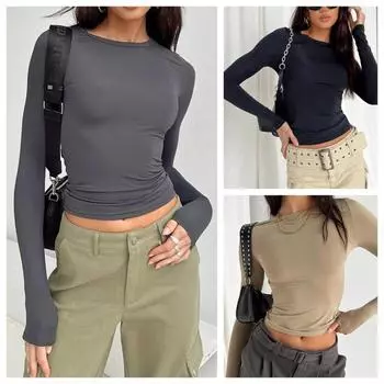 Женская футболка с длинным рукавом, весна-осень, однотонные облегающие повседневные рубашки, женские пуловеры, базовая футболка Y2k, уличная одежда, укороченные топы S коричневый
