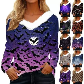 Женская футболка с длинным рукавом, винтажный принт на Хэллоуин, флисовый воротник, топ с V-образным вырезом XXXL