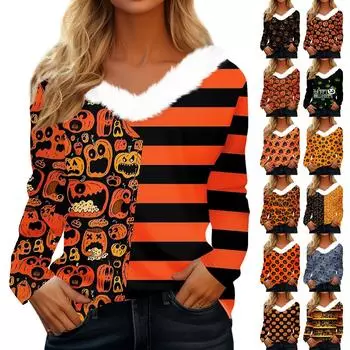 Женская футболка с длинным рукавом, винтажный принт на Хэллоуин, флисовый воротник, топ с V-образным вырезом XXL оранжевый