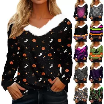 Женская футболка с длинным рукавом, винтажный принт на Хэллоуин, флисовый воротник, топ с V-образным вырезом L