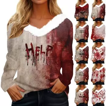 Женская футболка с длинным рукавом, винтажный принт на Хэллоуин, флисовый воротник, топ с V-образным вырезом XL бежевый