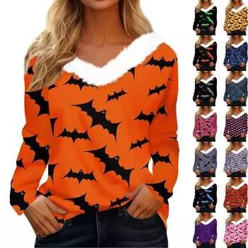 Женская футболка с длинным рукавом, винтажный принт на Хэллоуин, флисовый воротник, топ с V-образным вырезом L