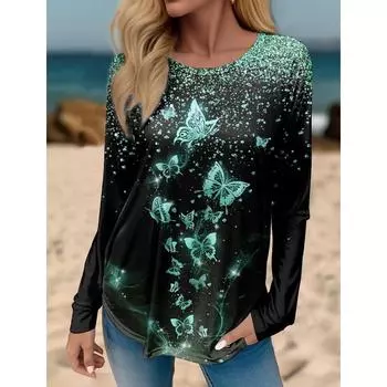 Женская футболка с длинным рукавом, золотая бабочка, 3D-принт, футболка, женская модная туника с круглым вырезом, цветочная футболка, дышащая S