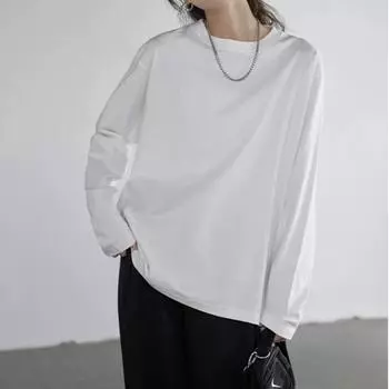Женская футболка с длинными рукавами, белый свободный пуловер из чистого хлопка с круглым вырезом, весна-осень 2024, универсальная повседневная нижняя рубашка, топ S белый