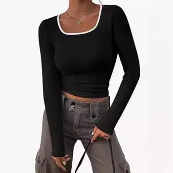 Женская футболка с длинными рукавами и глубоким вырезом, тонкая трикотажная футболка в рубчик, весна-осень, цветные блоки S чёрный