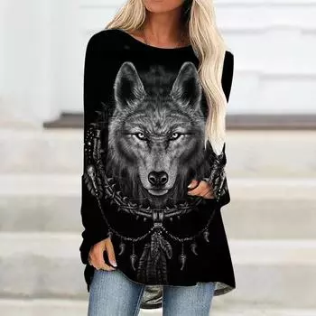 Женская футболка с длинными рукавами и изображением волка для женщин и девочек, осенне-зимняя одежда, футболка оверсайз с 3D принтом, футболки с круглым вырезом XL