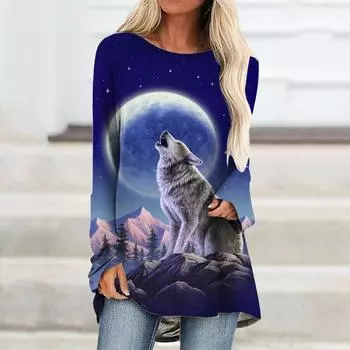 Женская футболка с длинными рукавами и изображением волка для женщин и девочек, осенне-зимняя одежда, футболка оверсайз с 3D принтом, футболки с круглым вырезом S