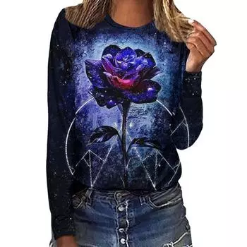 Женская футболка с длинными рукавами и круглым вырезом с принтом в виде розы в парном стиле с 3D-цифровым принтом S