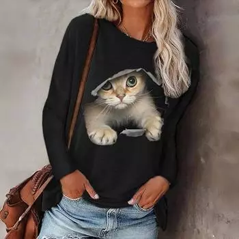 Женская футболка с длинными рукавами и принтом в виде милого кота 3D. Забавный узор. Футболка с длинными рукавами. Свободный свитер. Осенняя модная женская одежда. S