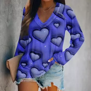 Женская футболка с длинными рукавами и V-образным вырезом с принтом ко Дню святого Валентина. Повседневный и удобный топ L синий