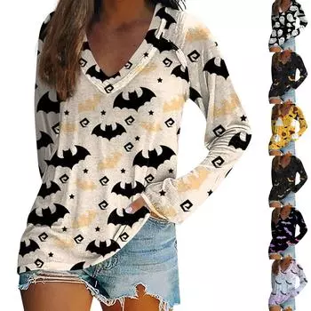 Женская футболка с длинными рукавами и v-образным вырезом, повседневный топ с принтом Хэллоуина XXL жёлтый