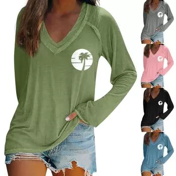 Женская футболка с длинными рукавами и V-образным вырезом, повседневный топ с принтом «Пляжное дерево» S синий