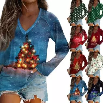 Женская футболка с длинными рукавами и V-образным вырезом с рождественским принтом, повседневный и удобный топ XXXL красный