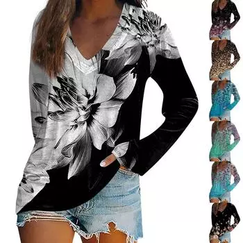 Женская футболка с длинными рукавами и v-образным вырезом, повседневный топ с цветочным принтом и принтом тай-дай XXXL синий