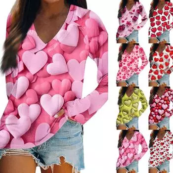 Женская футболка с длинными рукавами и V-образным вырезом с принтом ко Дню святого Валентина. Повседневный и удобный топ L горячий розовый