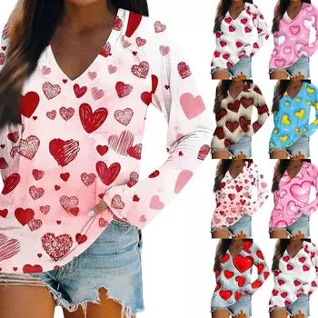 Женская футболка с длинными рукавами и V-образным вырезом с принтом ко Дню святого Валентина. Повседневный и удобный топ L синий