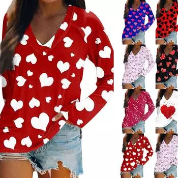 Женская футболка с длинными рукавами и V-образным вырезом с принтом ко Дню святого Валентина. Повседневный и удобный топ L чёрный
