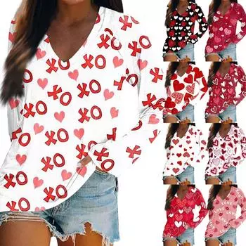 Женская футболка с длинными рукавами и V-образным вырезом с принтом ко Дню святого Валентина. Повседневный и удобный топ L горячий розовый