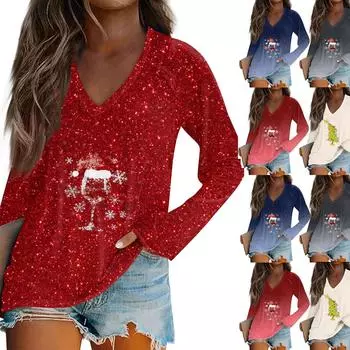 Женская футболка с длинными рукавами и V-образным вырезом с рождественским принтом, повседневный и удобный топ XXXL синий
