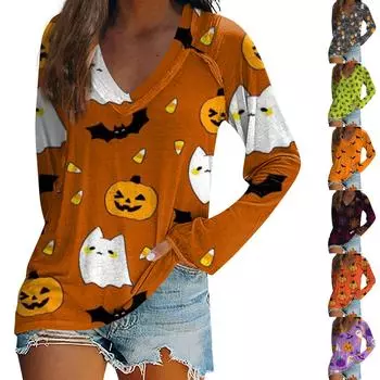 Женская футболка с длинными рукавами и v-образным вырезом, повседневный топ с принтом Хэллоуина XL оранжевый