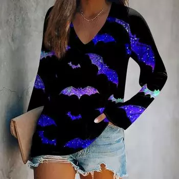 Женская футболка с длинными рукавами и v-образным вырезом, повседневный топ с принтом Хэллоуина L