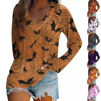 Женская футболка с длинными рукавами и v-образным вырезом, повседневный топ с принтом Хэллоуина L белый