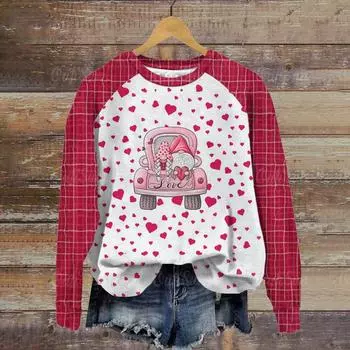 Женская футболка с длинными рукавами на День святого Валентина, повседневный топ с круглым вырезом, пуловер с узором «любовь», футболка для женщин, забавная уличная одежда 5XL