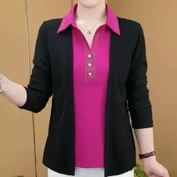 Женская футболка с длинными рукавами на весну и осень для мам среднего возраста, удобные топы с цветовыми блоками 6XL зелёный