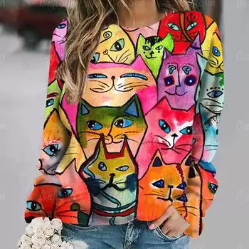 Женская футболка с длинными рукавами, расписанная вручную, с милым рисунком в виде кота, свободный свитер, женская универсальная футболка с круглым вырезом S
