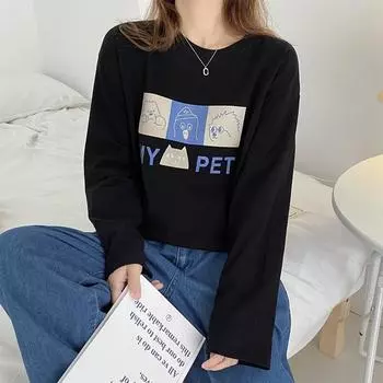 Женская футболка с длинными рукавами, рубашка со свободным низом, топ из чистого хлопка на весну и осень S чёрный