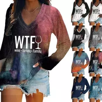 Женская футболка с длинными рукавами, V-образным вырезом, градиентным принтом букв, повседневный и удобный топ S