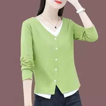 Женская футболка с длинными рукавами, весенне-осенний новый модный топ из двух предметов, модная рубашка с коротким низом и v-образным вырезом, M-3XL XXL зелёный