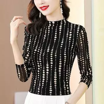 Женская футболка с длинными рукавами, весенне-осенняя новая рубашка с коротким рукавом и высоким воротом, модная сетчатая блузка с принтом, S-4XL 3XL чёрный