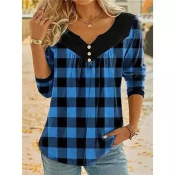 Женская футболка с длинными рукавами, застежкой на пуговицы, V-образным вырезом и клетчатым принтом L синий