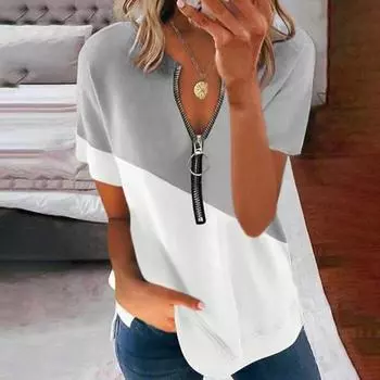 Женская футболка с двумя цветными блоками, молния, V-образный вырез, пуловер с короткими рукавами, уличная одежда L чёрный