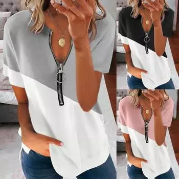 Женская футболка с двумя цветными блоками, молния, V-образный вырез, пуловер с короткими рукавами L чёрный