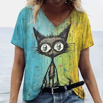 Женская футболка с героями мультфильмов, 3d кошачий принт, с коротким рукавом, красивая женская футболка с v-образным вырезом, повседневные летние топы, женская одежда в стиле Харадзюку 3XL