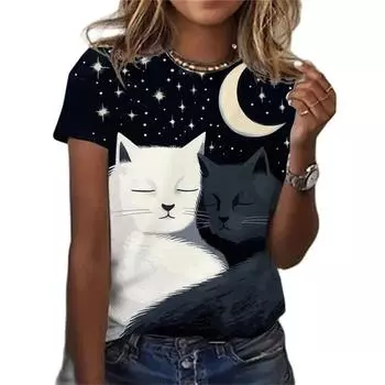 Женская футболка с героями мультфильмов, аниме, котами, 3D принтом, Y2k, элегантная, винтажная, с коротким рукавом, элегантная, повседневная, удобная, из полиэстера, с диагональным воротником XL
