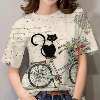 Женская футболка с героями мультфильмов, повседневная одежда с короткими рукавами, топы с кошачьим узором и 3d принтом, футболки, летний пуловер большого размера с круглым вырезом S