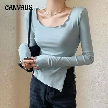 Женская футболка с глубоким вырезом и асимметричным узким верхом и длинным рукавом M чёрный