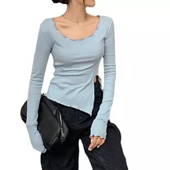 Женская футболка с глубоким вырезом и асимметричным узким верхом и длинным рукавом M чёрный