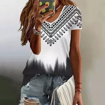 Женская футболка с градиентным узором, летние повседневные футболки с v-образным вырезом и короткими рукавами, женская одежда в стиле Харадзюку, модная блузка для девочек S