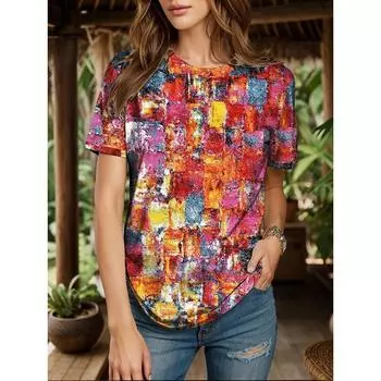 Женская футболка с графическим абстрактным винтажным стильным повседневным коротким рукавом, с круглым вырезом, обычный топ S